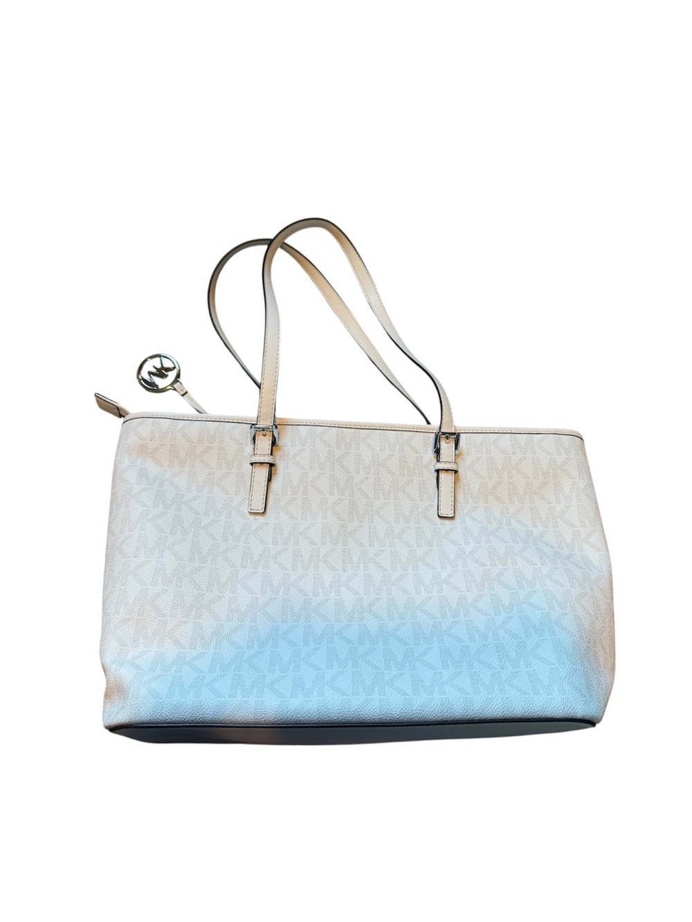 Michael Kors Cream and Light Blue MK Tote Bag
